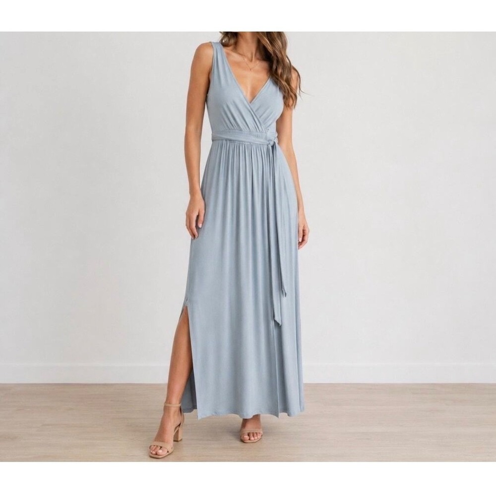 Lulus Dusty Blue Surplice Sleeveless Maxi Dress with Side Slits and Tie Waist S